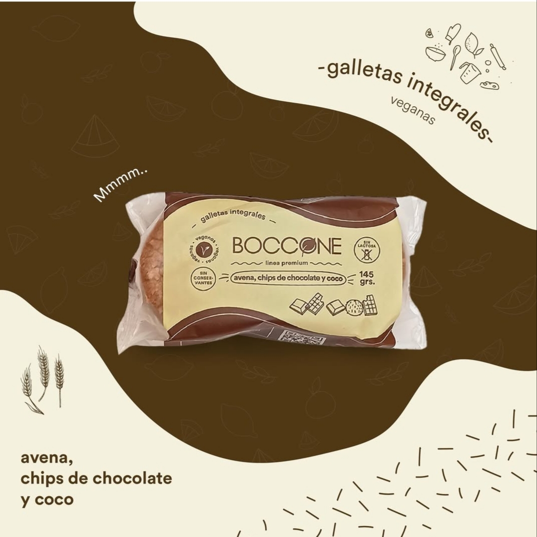 BOCCONE 100% VEGETAL INTEGRALES AVENA, CHIPS DE CHOCOLATE Y COCO 145 G. C x 45u