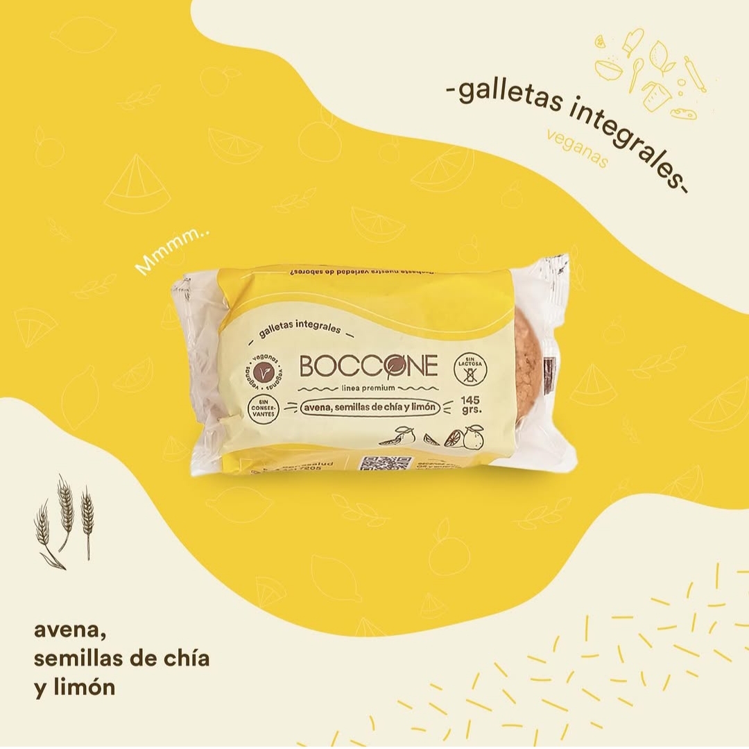 BOCCONE 100% VEGETAL INTEGRALES AVENA, SEMILLAS DE CHIA Y LIMON 145 G. C x 45u